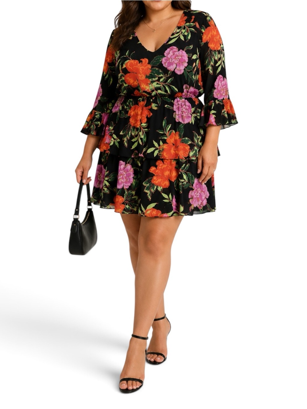 Express XL Floral Chiffon Tiered Mini Dress Bell Sleeve Black Pink NWT